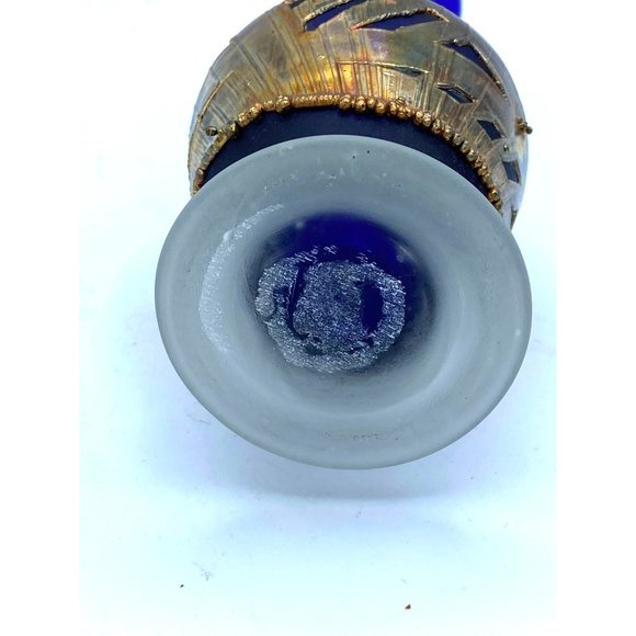 Signed Handblown Cobalt Blue Frosted Art Glass with Golden Metal Wrap Around Dec - Picture 6 of 8